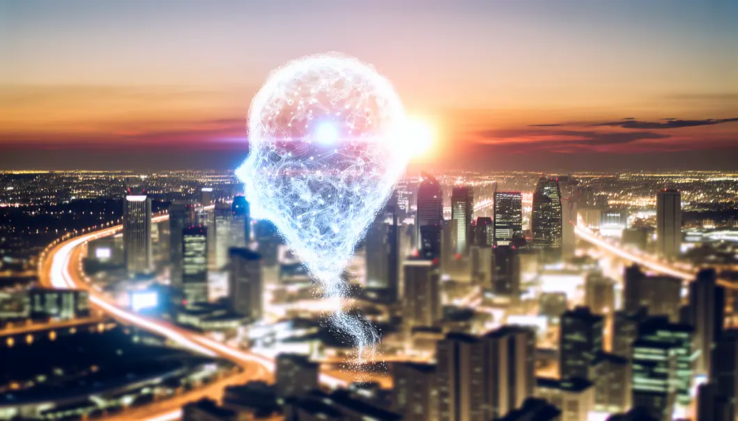 AI symbol as a glowing orb over a city of startups.