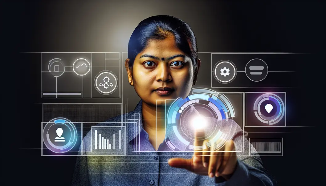 A founder interacting with a digital interface showing AI analytics and automation.