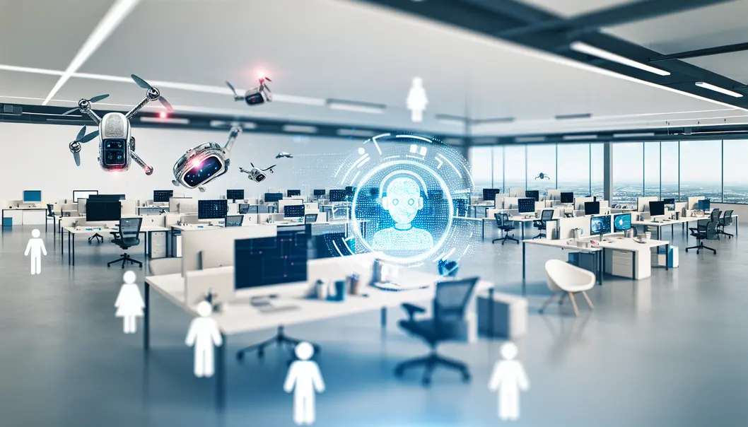 Modern office space where AI devices and startup teams collaborate dynamically.