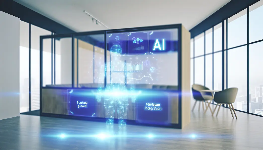 AI holograms displaying startup metrics in a modern office setting.
