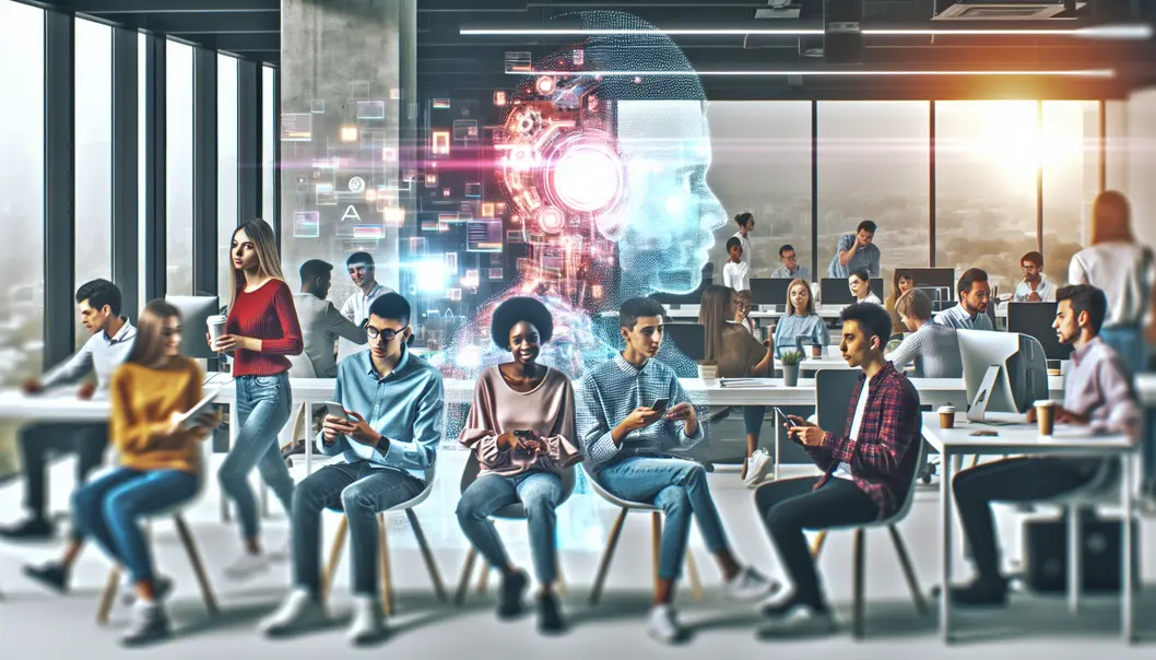 A vibrant startup environment with AI elements showing seamless operational integration.