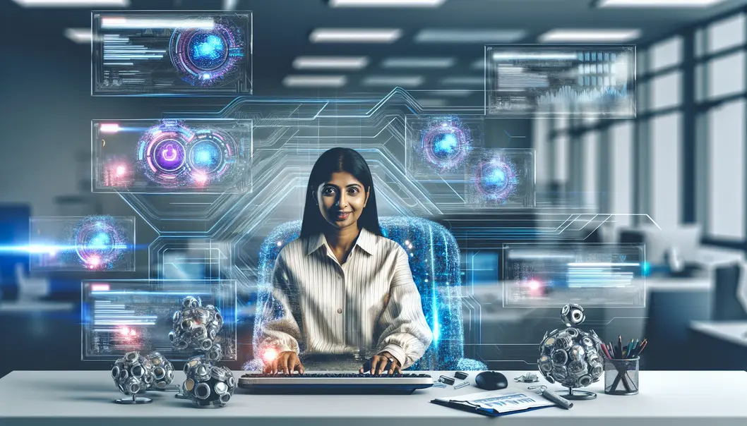 Startup founders exploring AI applications through interactive holographic interfaces.