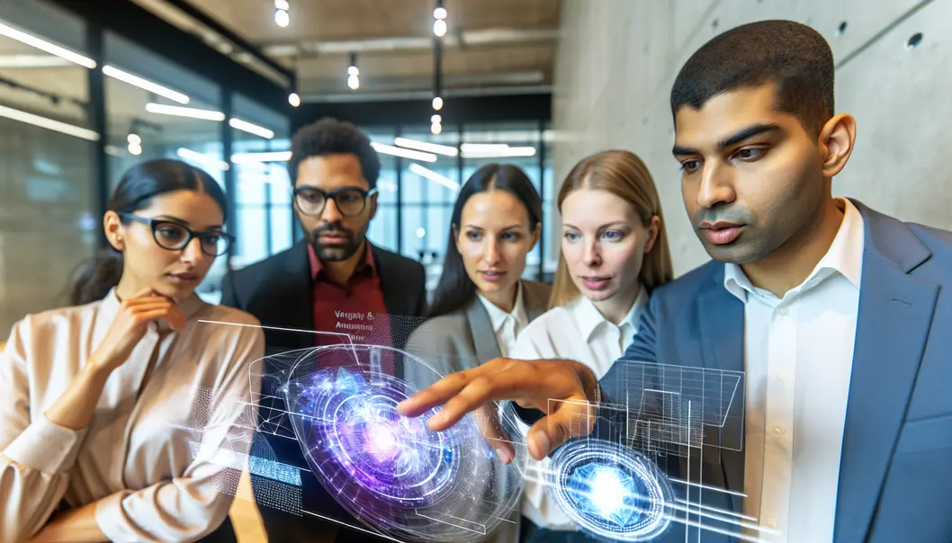 Startup founders exploring AI applications through interactive holographic interfaces.