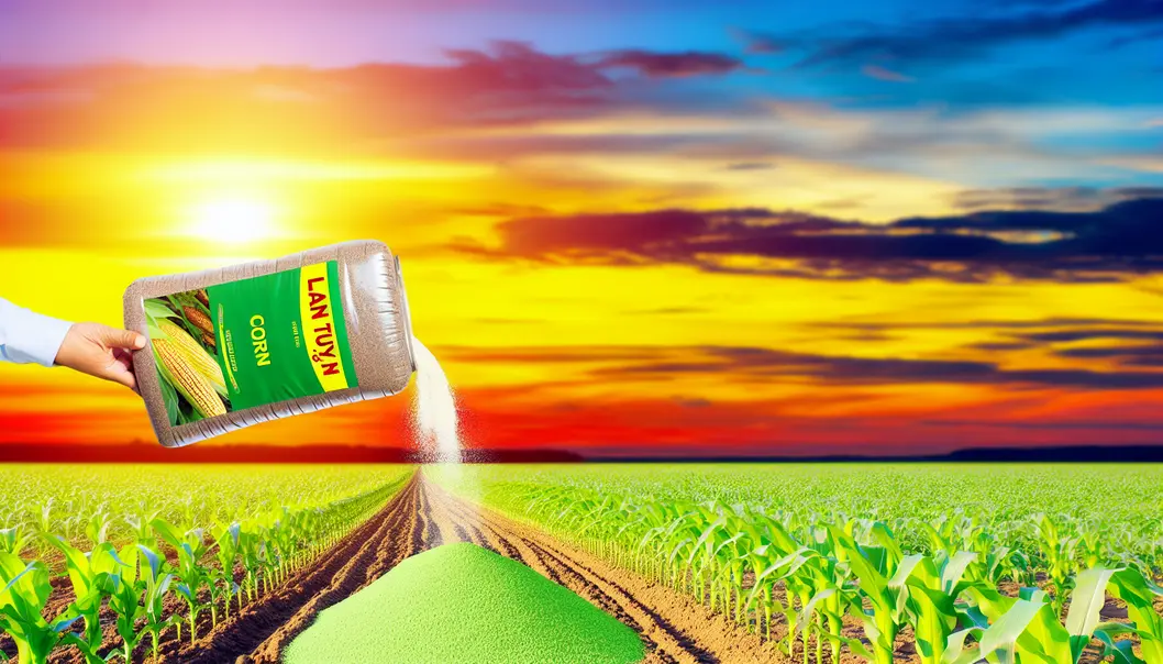 Hình ảnh cây ngô xanh phát triển nhờ phân bón hữu cơ dưới ánh sáng mặt trời lặn.