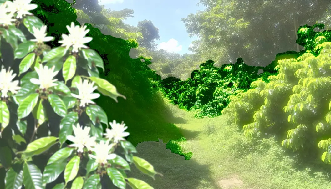 Vườn cà phê xanh tốt với hoa trắng nở tại Mai Sơn dưới ánh sáng mặt trời