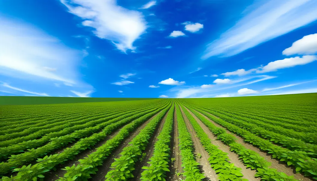 A lush field of crops under a blue sky, demonstrating the benefits of fertilizer use.