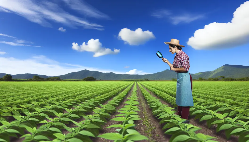 A farmer inspects healthy, green crops in a field under a blue sky, indicating successful fertilizer use.