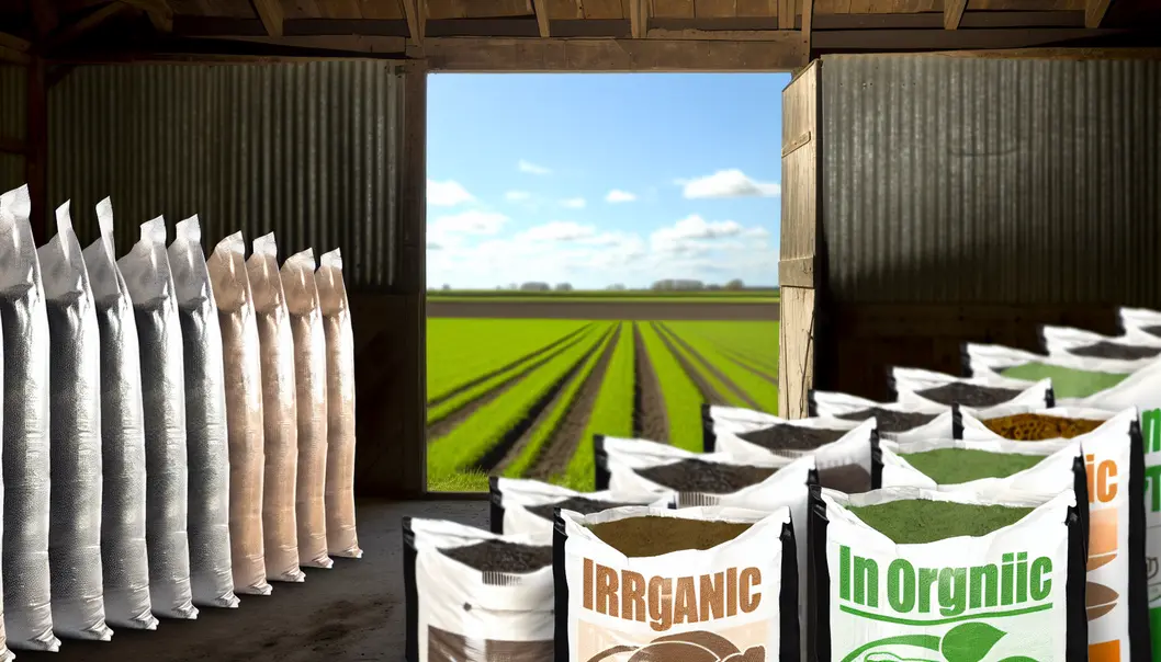 A variety of fertilizer types including organic and inorganic, ready for application on the farm.