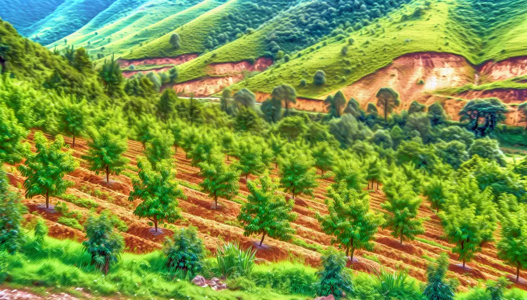 Ảnh một ngọn đồi xanh mướt với các cây ăn quả tại Hát Lót, Sơn La.