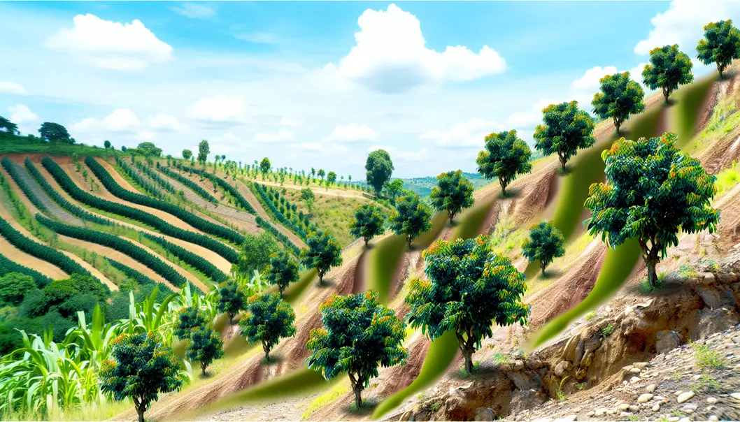 Hát Lót landscape with flourishing fruit trees on sloped terrains.