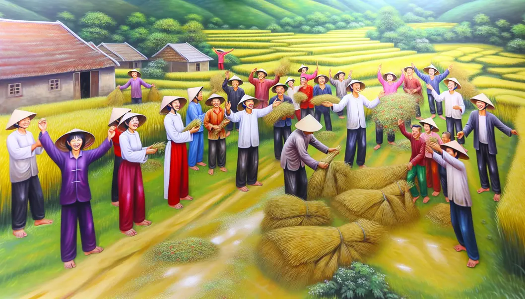 Farmers in Lóng Phiêng celebrating a successful harvest in lush fields.