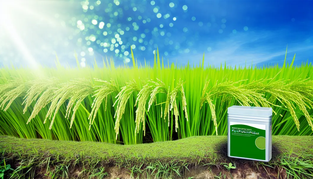 Cánh đồng lúa xanh tươi dưới ánh nắng, cùng với sản phẩm thuốc bảo vệ từ Lân Tuyển.