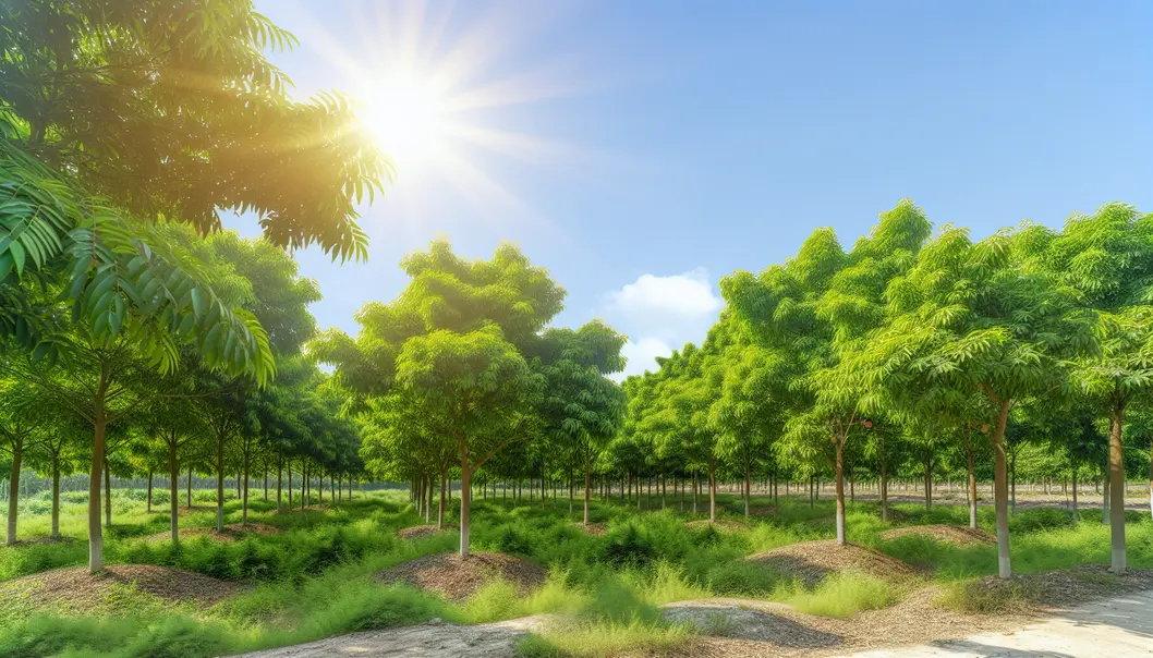 Lush longan orchard in Lóng Phiêng under sunlight.