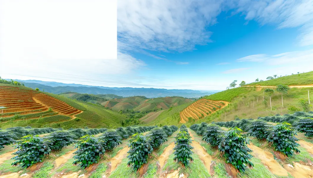 Thriving coffee farm in Mai Son, Son La, showcasing lush hills and vibrant coffee plants.