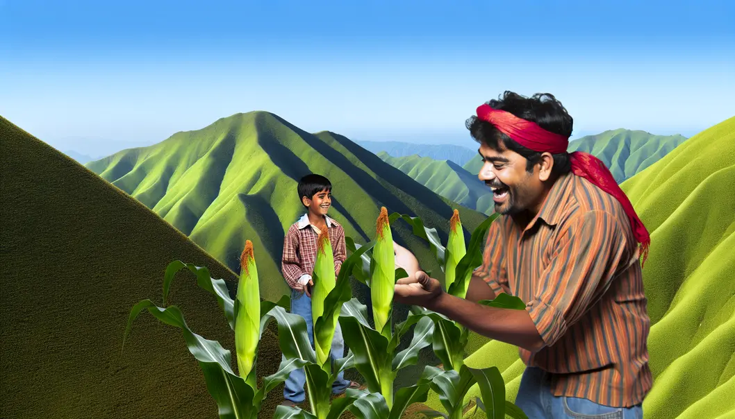 Nông dân kiểm tra những cây ngô cao khỏe trên đồi núi.