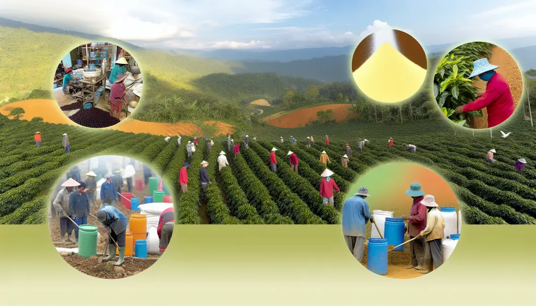 Toàn cảnh đồi cà phê ở Mai Sơn với nông dân chăm sóc cây.