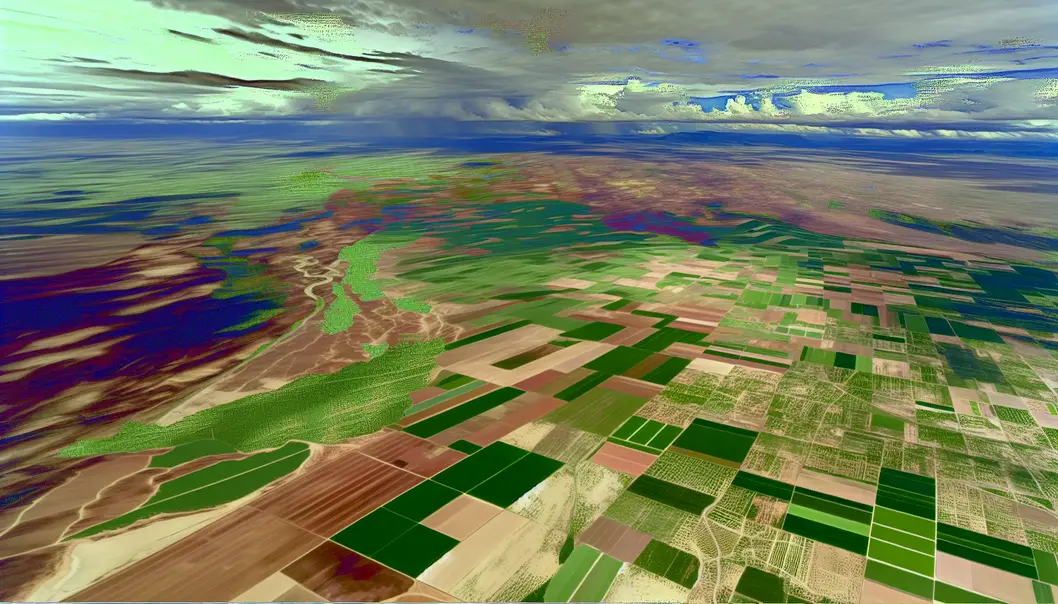 Một cảnh quan rộng lớn tại Maisown, hiển thị các loại đất đa dạng và các cánh đồng nông nghiệp dưới các điều kiện thời tiết khác nhau.