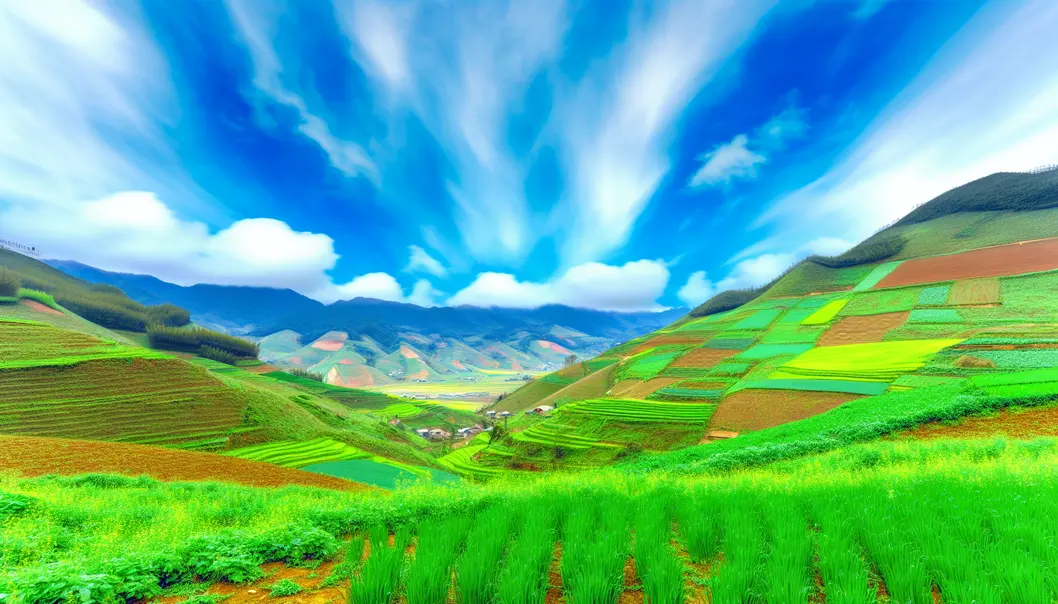 Rolling hills and farmland of Mộc Châu under bright blue sky.