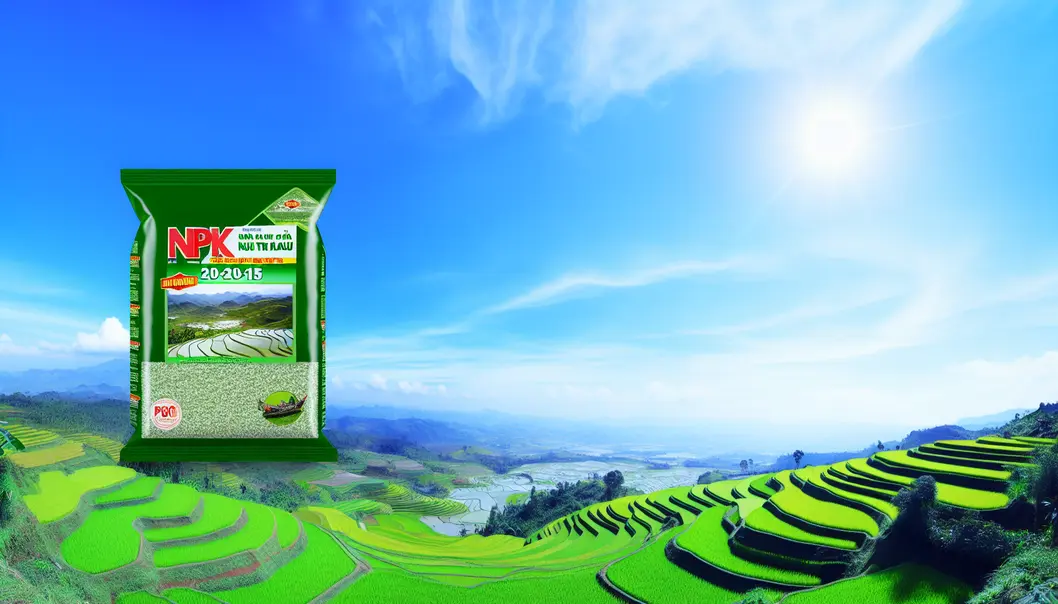 Mộc Châu rice terraces on a sunny day with lush greenery and a package of NPK Đầu Trâu 20-20-15.