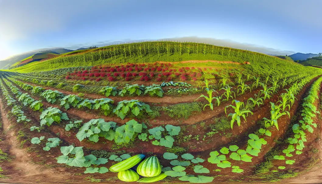 Cánh đồng ngô, dưa chuột, và bí đỏ xanh tốt tại Mộc Châu.