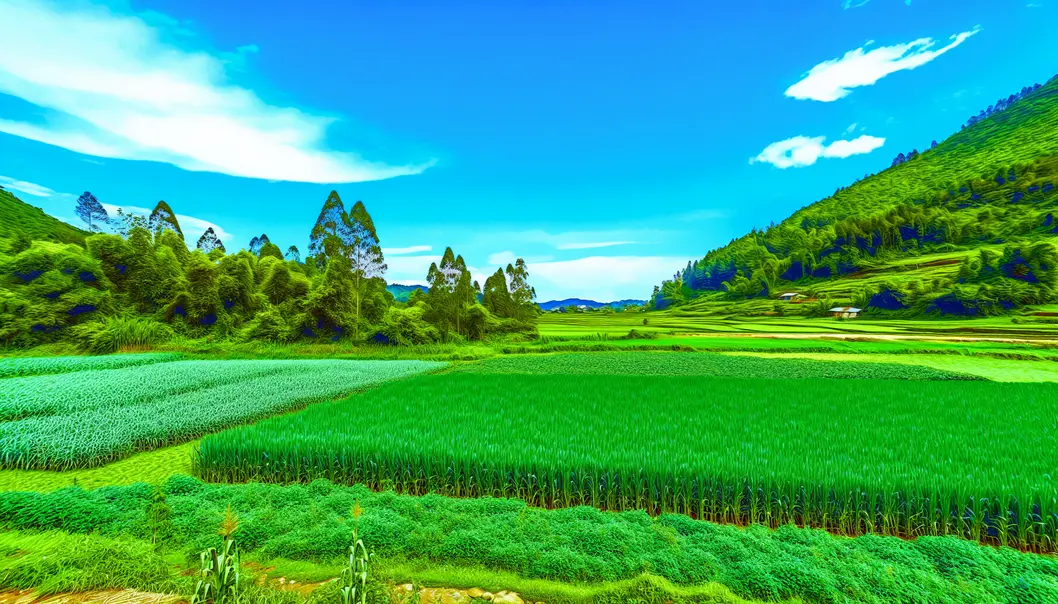 Landscape of Mộc Châu with green fields under a summer sky.