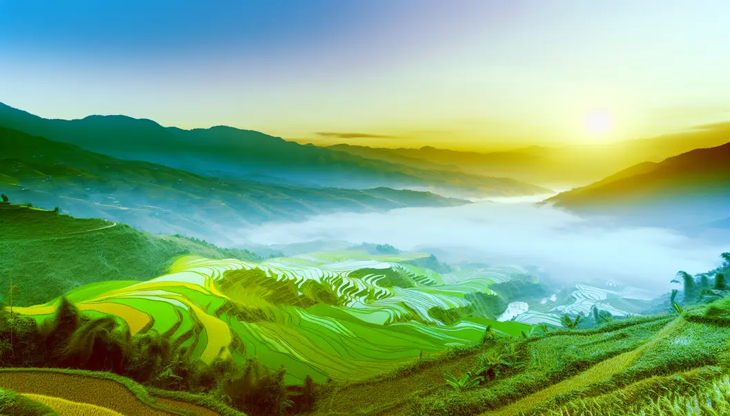 Rice terraces in Muong La at sunrise with mist.