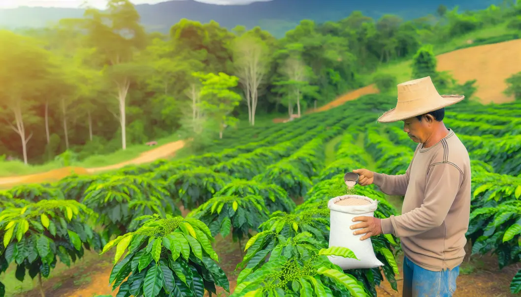 Nông dân bón phân NPK cho cây cà phê tại Mai Sơn.