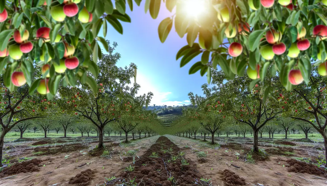 A lush orchard on the slopes of Hát Lót under clear skies.