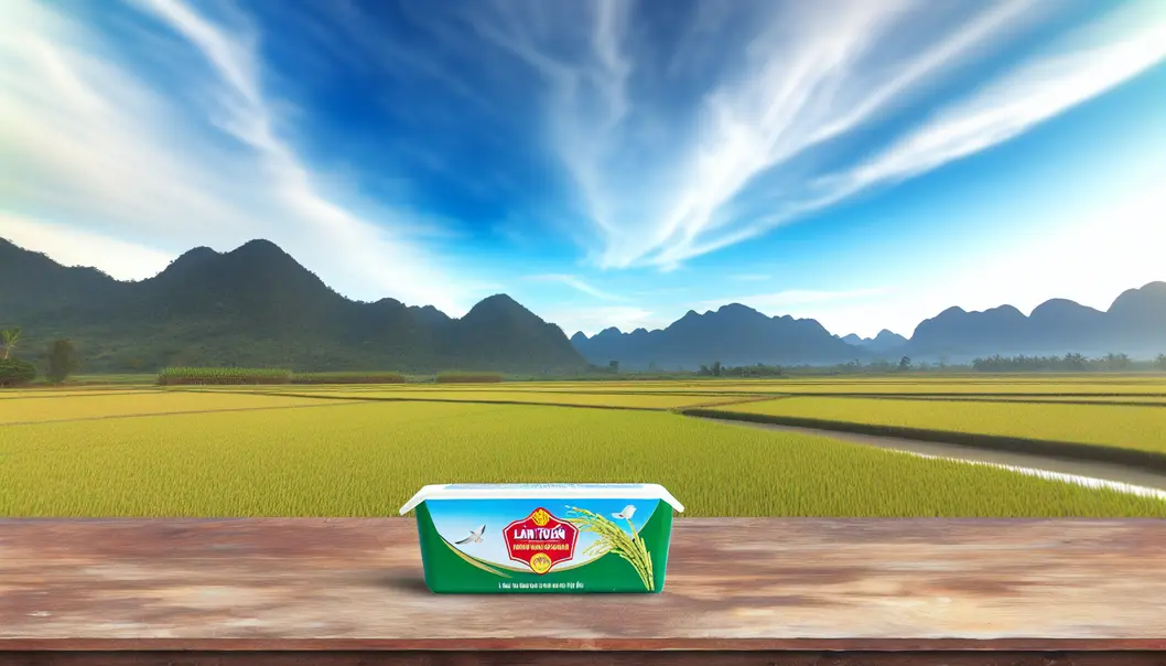 Cánh đồng lúa dưới bầu trời trong xanh với núi xa xa, sản phẩm Lân Tuyển ở gần.