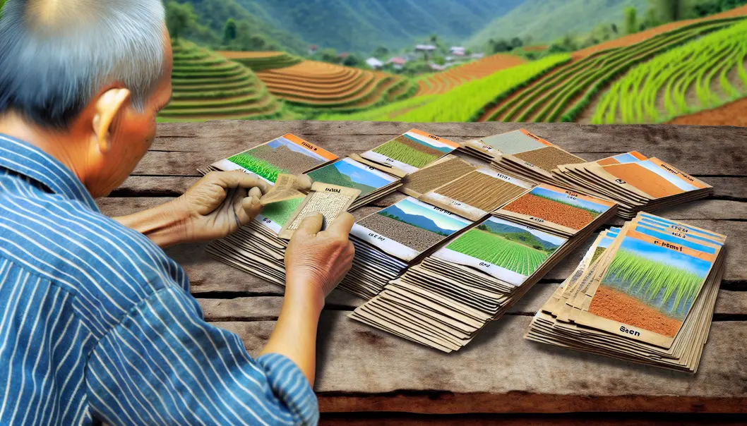 Nông dân tại Lóng Phiêng đang phân tích mẫu đất để xác định đặc điểm thổ nhưỡng.