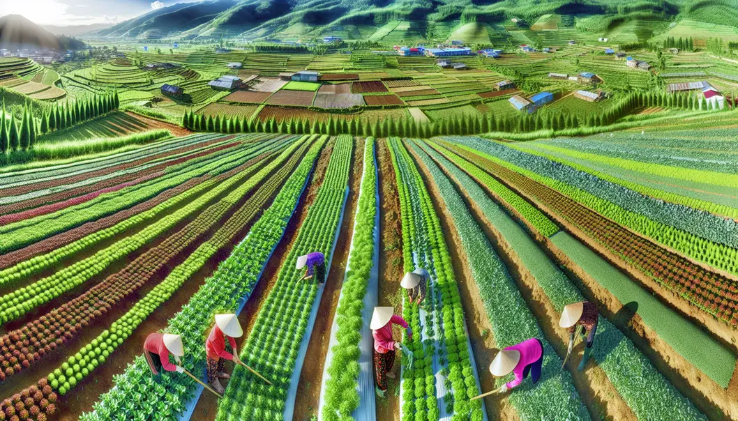 Toàn cảnh cánh đồng nông nghiệp tươi tốt ở Sơn La, với nông dân đang chăm chút cho cây trồng vào mùa hè.