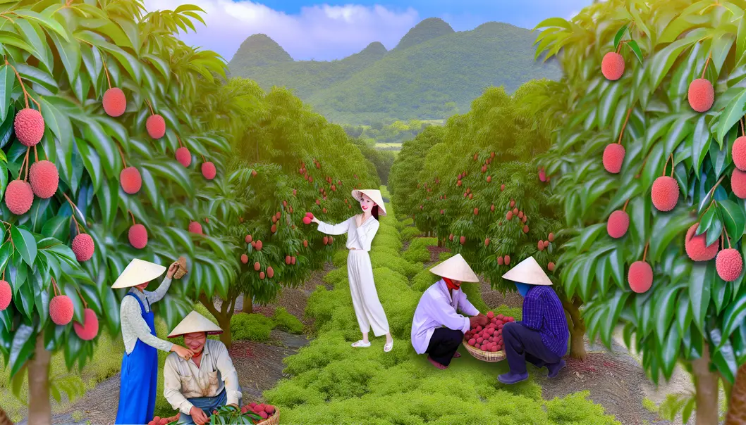 A flourishing Lychee orchard in Sông Mã, with ripe fruits and farmers tending the trees.