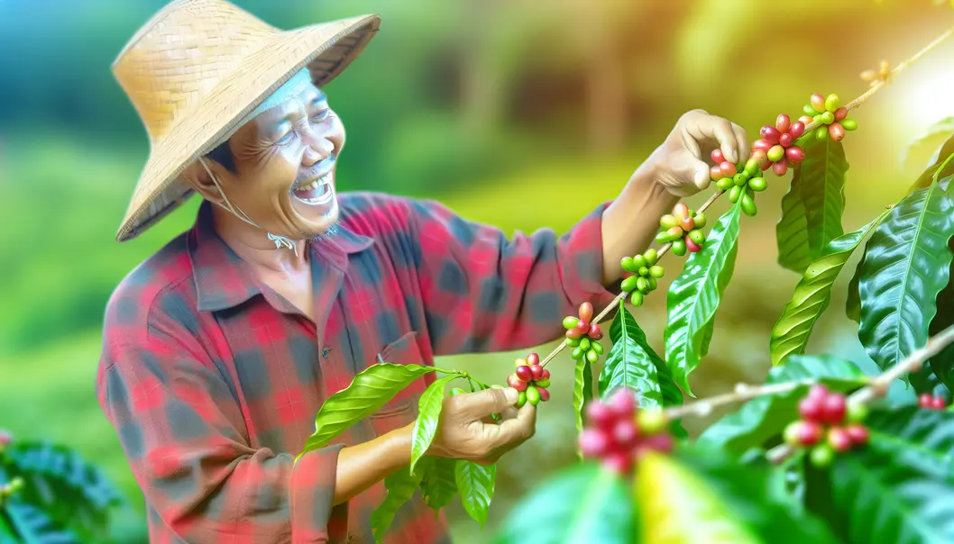 A Thai farmer examining ripe coffee cherries with joy.