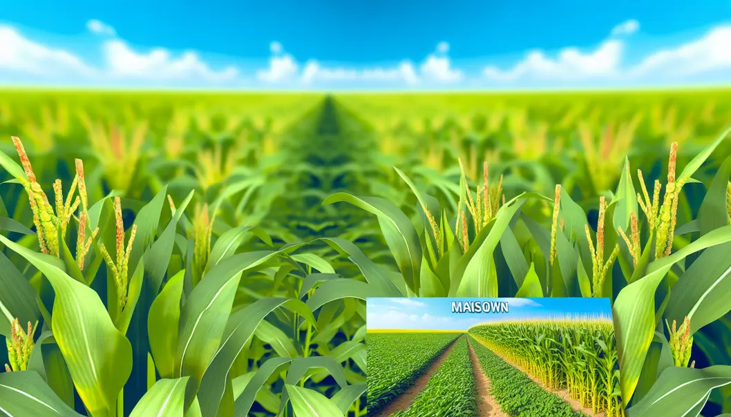 Cánh đồng Maisown thành công, với cây trồng xanh tốt và bầu trời trong xanh, tượng trưng cho nông nghiệp bền vững.