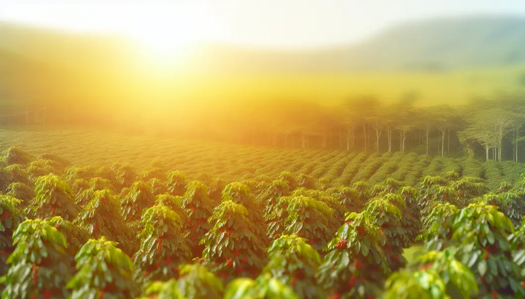 Panoramic view of a coffee plantation under golden sunlight, indicating a ripe harvest.