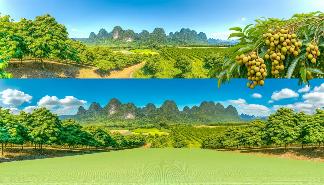 Vibrant green longan orchards in Sông Mã with clear skies and mountains.